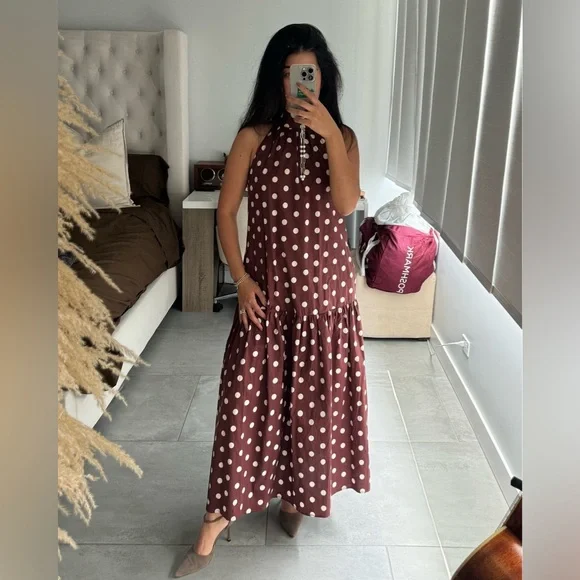 Nicole Miller | Dresses | Nicole Miller Brown Polka Dot High Neck Maxi Dress  Sz Xl | Poshmark